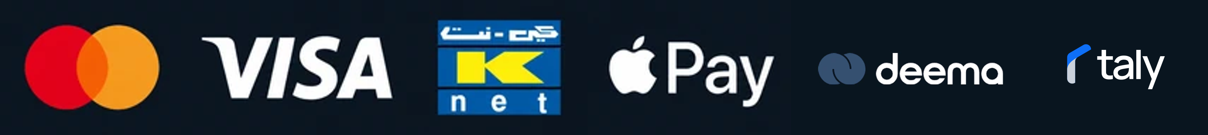Mastercard, Visa, KNET, Apple Pay, Deema, Taly